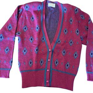 Vintage Pendleton Wool Cardigan Sweater pink Diamond Pattern Button Front Sz S
